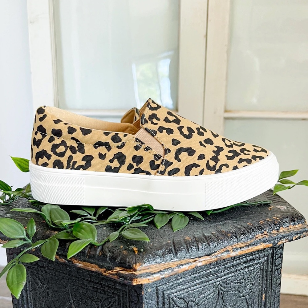 Light Tan Leopard Print Canvas Slip On Sneakers - Picture 5 of 8